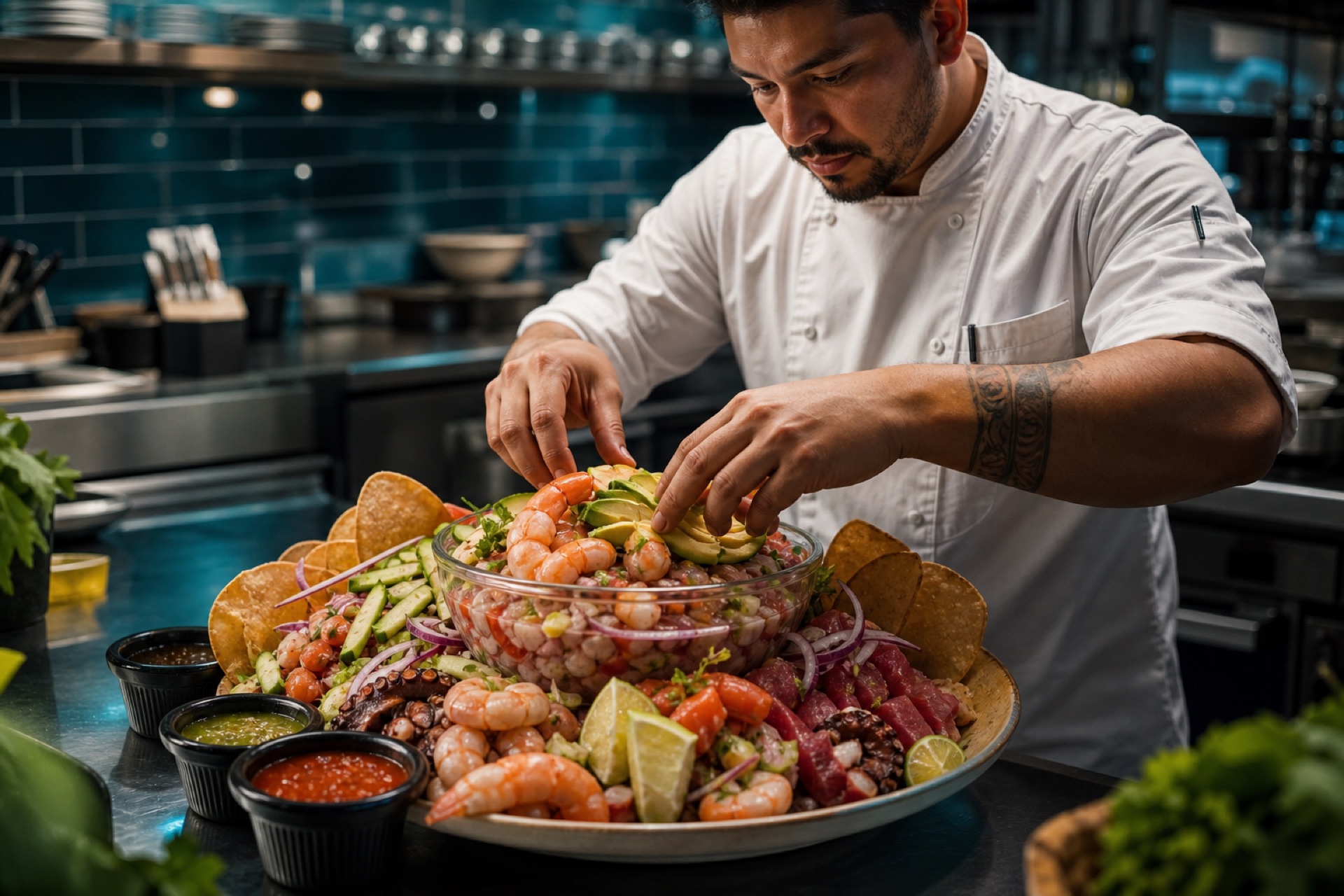 Chef armando un platillo de mariscos con ceviche, camarón y aguacate